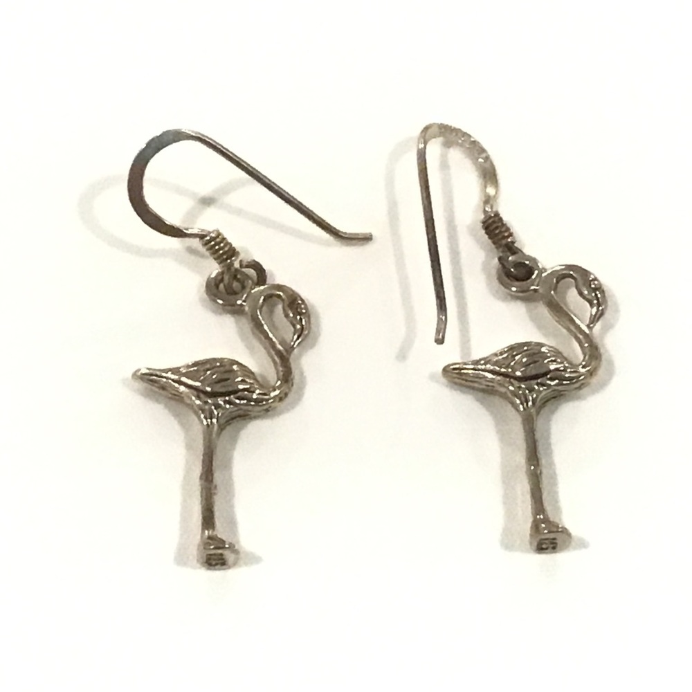 Sterling Silver Flamingo Bird Hook Dangle Earrings 13/16" Long